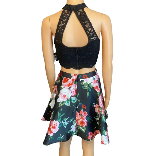 City Studios Two-Piece Lace Halter Top & Floral Skirt Set