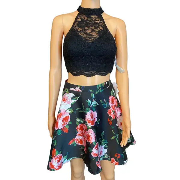 City Studios Two-Piece Lace Halter Top & Floral Skirt Set