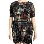 Connected Apparel Petite Fit and Flare Dress Abstract Grid Print Black Multi Size 12P