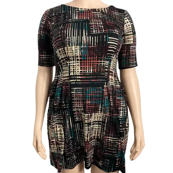 Connected Apparel Petite Fit and Flare Dress Abstract Grid Print Black Multi Size 12P